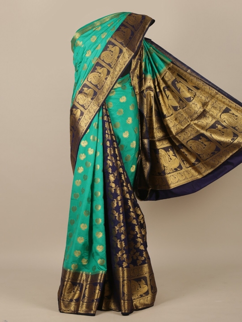 Pothys Green & Navy Blue Ethnic Motifs Zari Jute Silk Saree