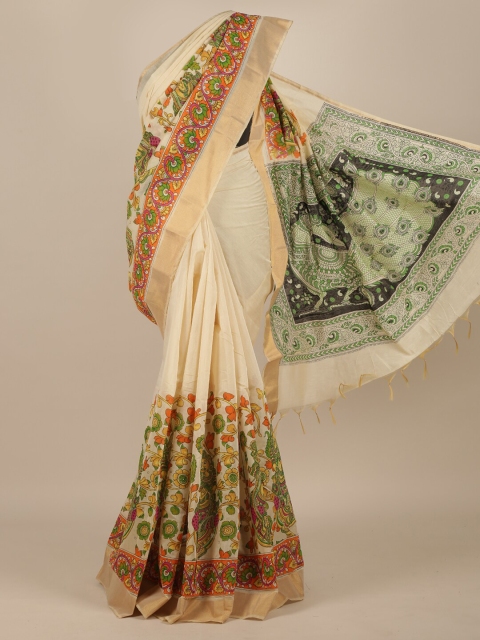 Pothys Women Cream Cotton Blend Saree