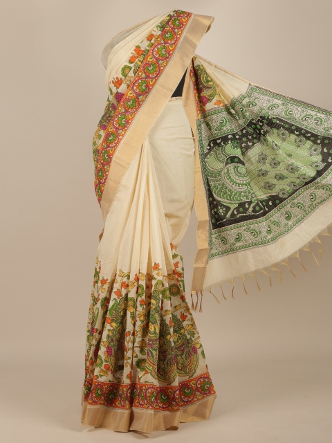 Pothys Cream & Orange Ethnic Motifs Zari Pure Cotton Saree
