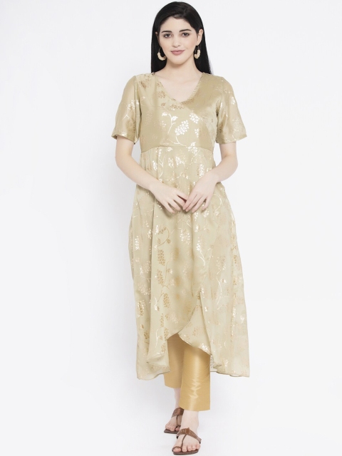 studio rasa Women Beige Floral Foil Printed Georgette Asymmetric A-Line Kurta