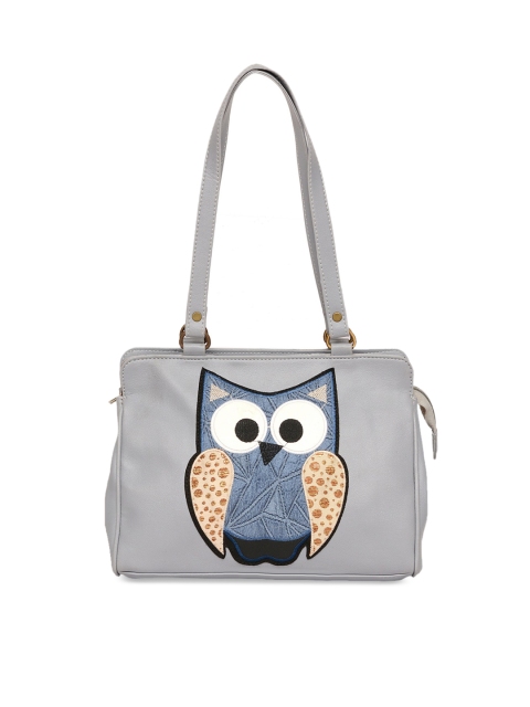 Pink Potato Grey Embellished Leather Structured Satchel with Applique