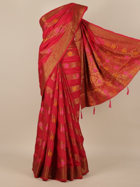 Pothys Red & Pink Floral Beads and Stones Jute Silk Saree