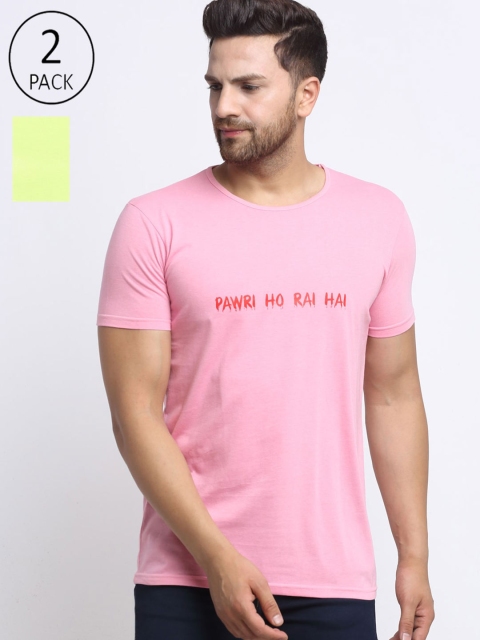 VIMAL JONNEY Men Pack of 2 Pink & Green Typography Printed T-shirt