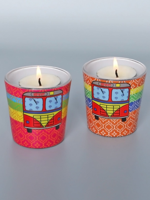 All Things Sundar Set Of 2 Multicoloured Printed Candle Holders, Multi