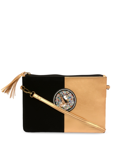 Pink Potato Women Black & Gold-Tone Leather Embellished Leather Applique Sling Bag, Multi