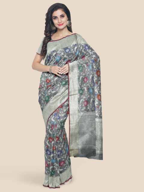 KLM Fashion Mall Grey Floral Woven Design Banarasi Saree