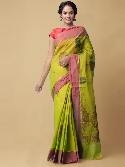 Unnati Silks Green & Pink Ethnic Motifs Pure Cotton Handloom Uppada Saree
