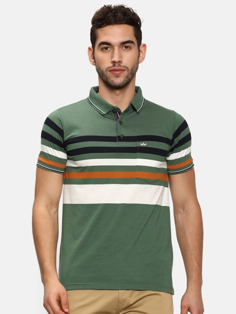 V2 Value & Variety Men Green & Off White Striped Cotton Polo Collar T-shirt
