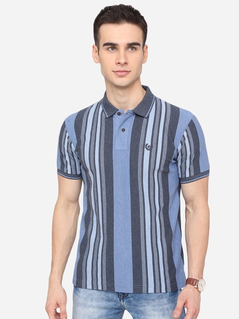 Greenfibre Men Blue Striped Polo Collar Slim Fit T-shirt