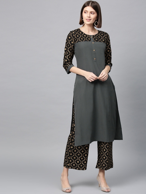 ZIYAA Women Grey Yoke Design Panelled Kurta with Palazzos