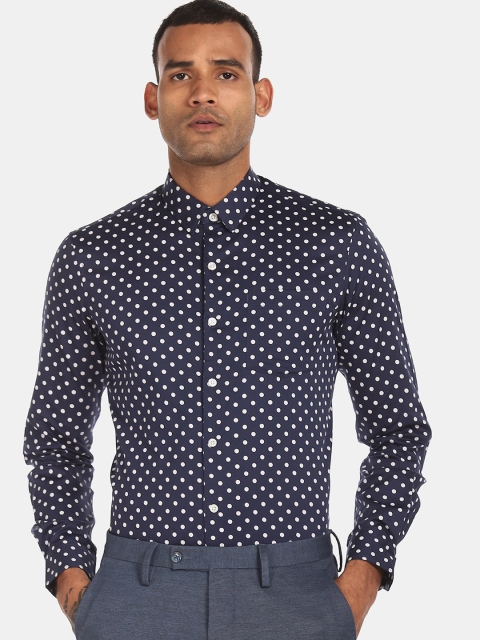 Excalibur Men Navy Blue Polka Dots Printed Casual Shirt