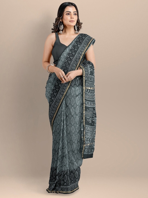 BharatSthali Black & White Batik Silk Cotton Chanderi Saree