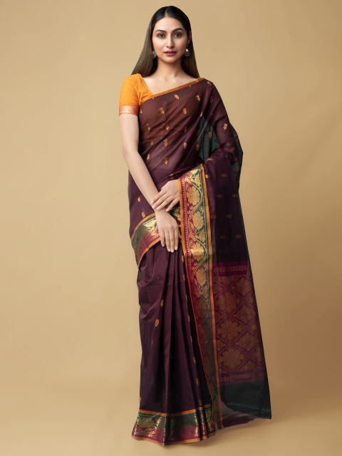 Unnati Silks Burgundy & Gold-Toned Woven Design Zari Silk Cotton Venkatgiri Saree