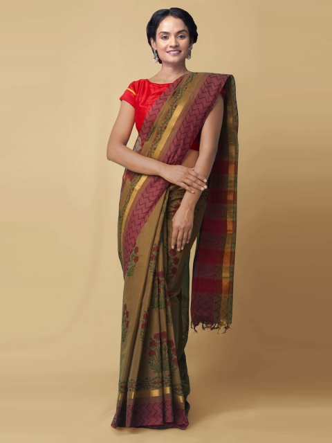 Unnati Silks Brown & Red Floral Pure Cotton Mangalagiri Saree