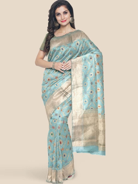 Kalamandir Turquoise Blue & Orange Woven Design Banarasi Saree