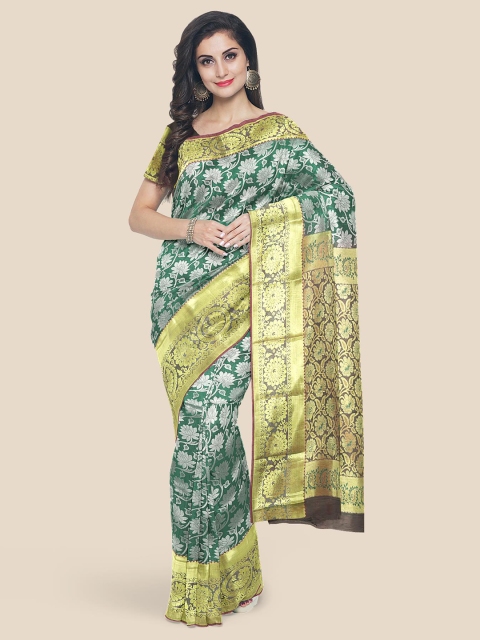 Kalamandir Green & Gold-Toned Woven Design Zari Silk Blend Kanjeevaram Saree
