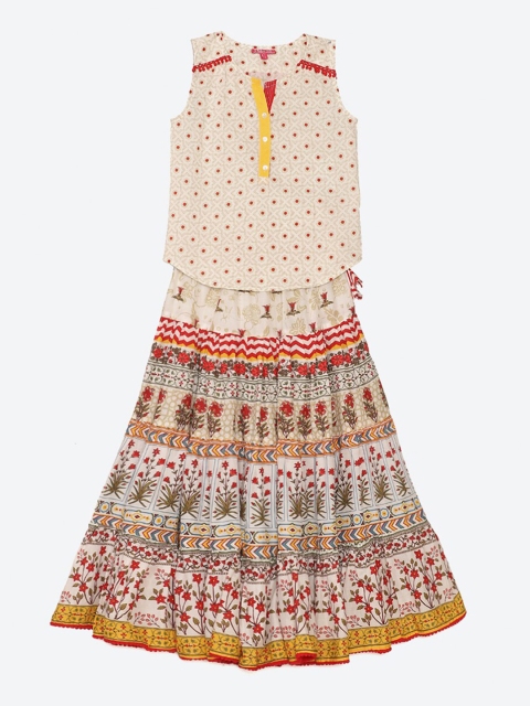 Biba Girls Off White & Green Printed Top with Skirt