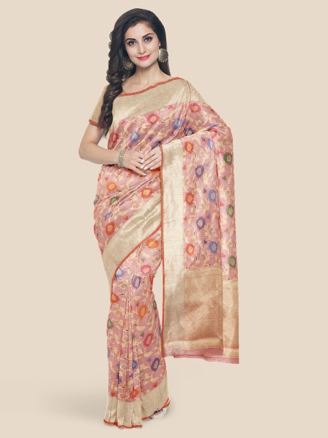 Kalamandir Peach & Blue Floral Banarasi Saree