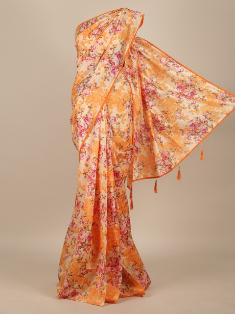 Pothys Orange & Pink Floral Cotton Blend Saree