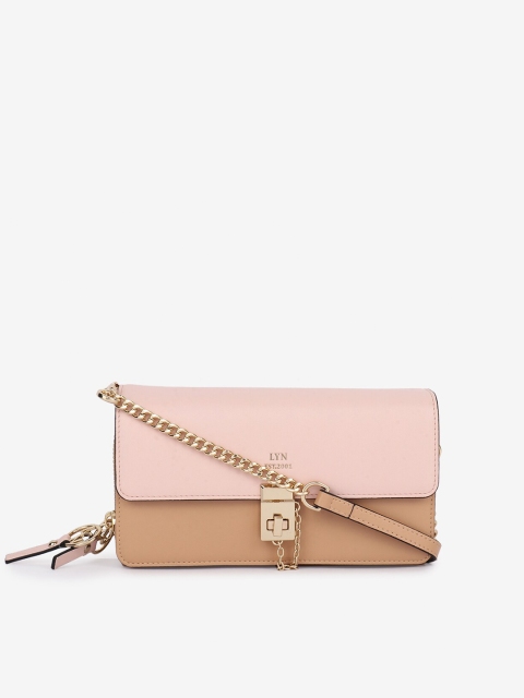LYN Women Pink & Brown Colourblocked PU Two Fold Wallet with Sling Strap