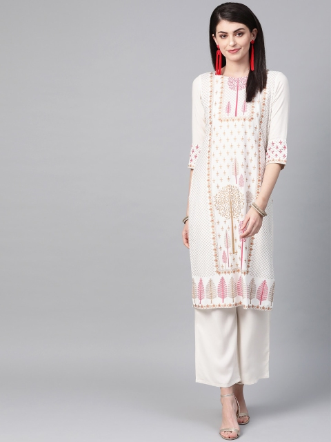 ZIYAA Women Cream Ethnic Motifs Printed Kurta with Palazzos