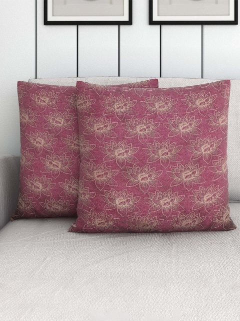Home Centre Magenta & Cream-Coloured Set of 2 Floral Square Cushion Covers