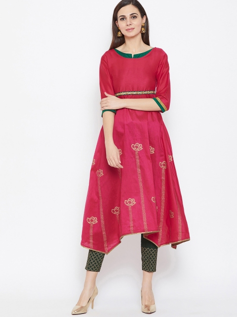 studio rasa Women Fuchsia Hand Block Ethnic Motifs Printed Printed Kurta