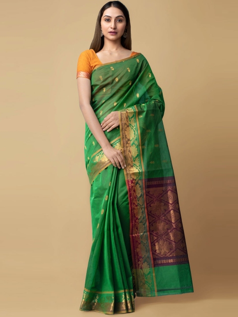 Unnati Silks Green & Gold-Toned Woven Design Zari Silk Cotton Handloom Venkatgiri Saree
Unnati Silks Green & Gold-Toned Woven Design Zari Silk Cotton Handloom Venkatgiri Saree