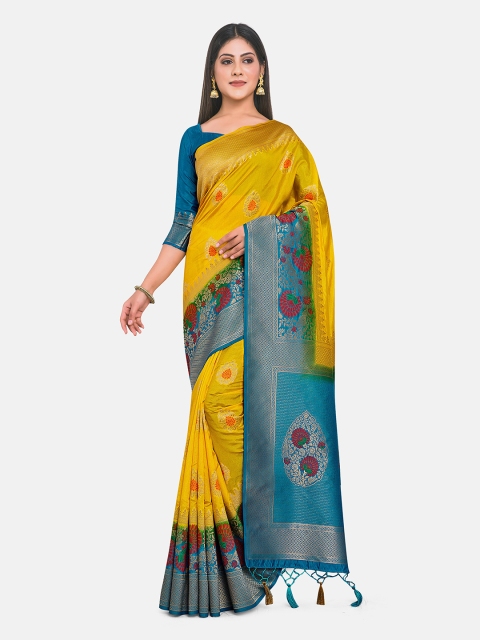 MIMOSA Yellow & Turquoise Blue Ethnic Motifs Zari Art Silk Kanjeevaram Saree