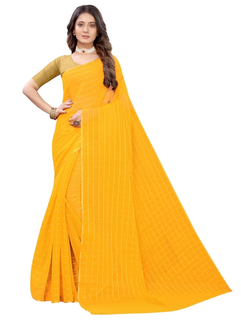 KALINI Yellow & Gold-Toned Checked Pure Chiffon Saree
