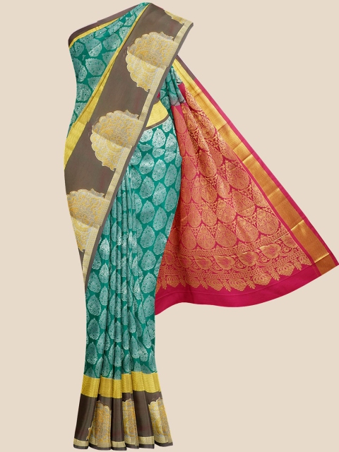 Kalamandir Teal Blue & Red Woven Design Silk Blend Kanjeevaram Saree