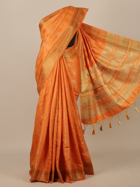 Pothys Orange & Gold-Toned Floral Zari Jute Silk Saree