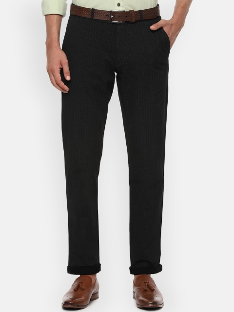 Louis Philippe Sport Men Black Striped Formal Trousers