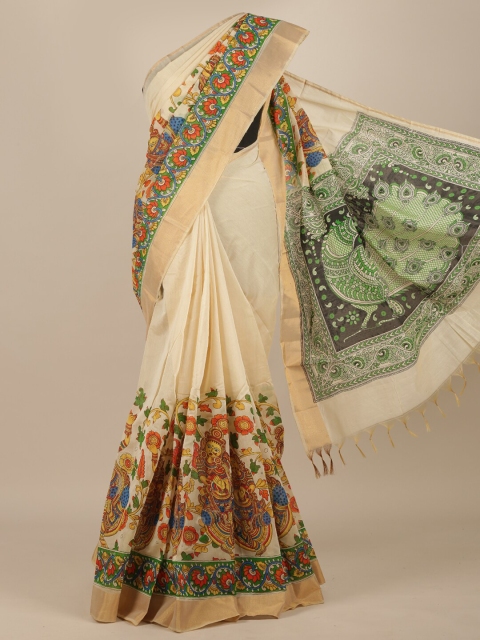 Pothys Cream & Green Floral Pure Cotton Saree