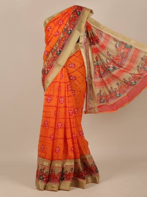 Pothys Women Cotton Blend Orange Saree