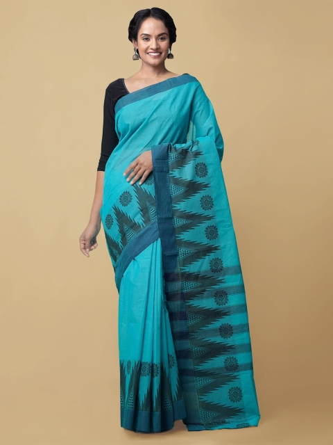Unnati Silks Turquoise Blue & Black Pure Cotton Saree