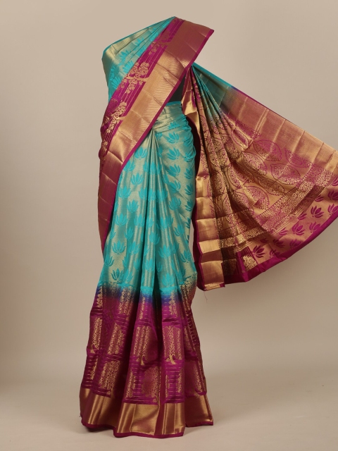 Pothys Turquoise Blue & Purple Floral Zari Jute Silk Saree