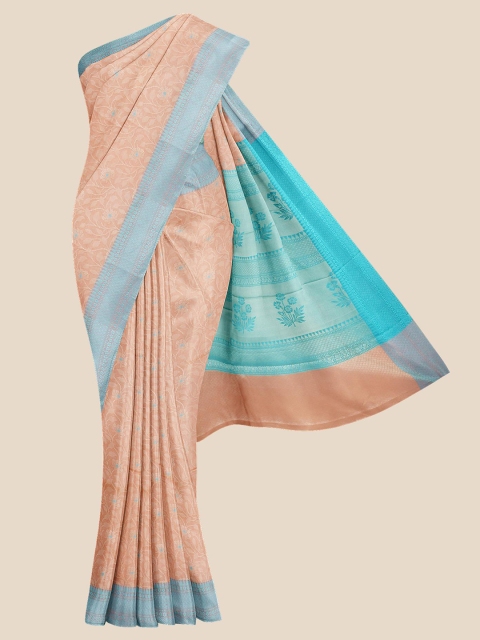 Kalamandir Peach & Blue Floral Silk Blend Banarasi Saree