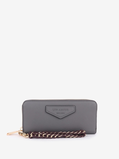LYN Women Grey Textured PU Zip Around Wallet with Sling Strap