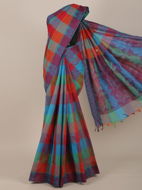 Pothys Orange & Blue Checked Pure Cotton Saree