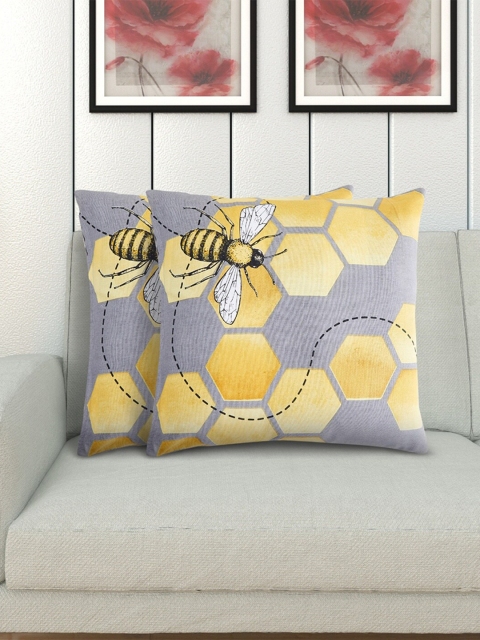 Home Centre Grey & Yellow Set of 2 Abstract Square Cushion Covers