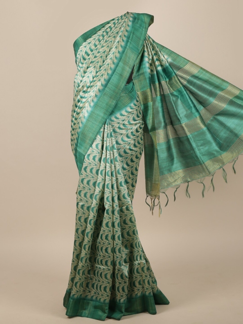 Pothys Cream & Green Jute Silk Saree