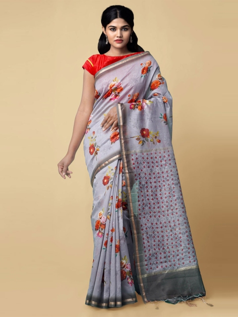 Unnati Silks Grey & Red Floral Zari Silk Cotton Chanderi Saree