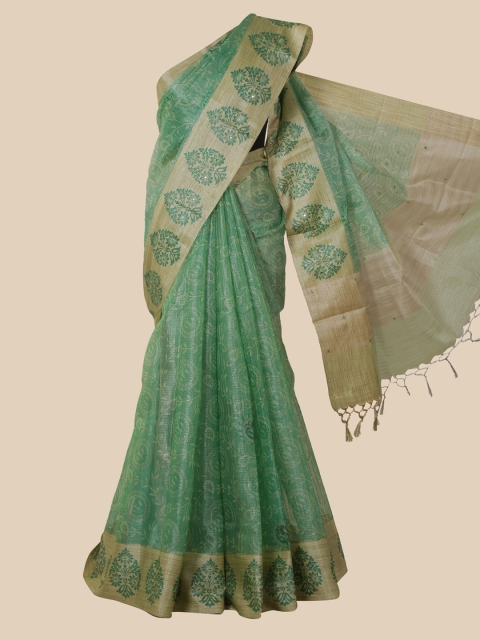 Pothys Green & Beige Floral Tissue Saree