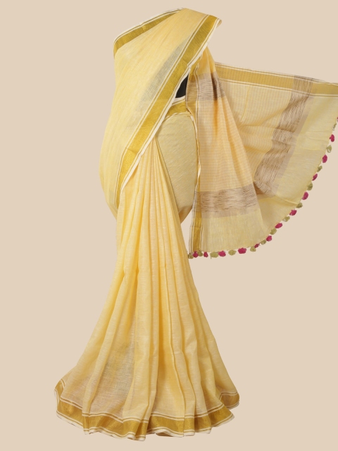 Pothys Yellow & Gold-Toned Zari Linen Blend Saree