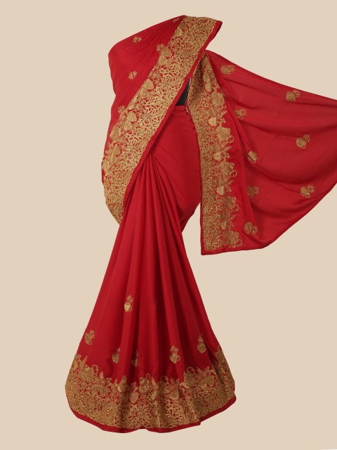Pothys Women Red & Gold-Toned Floral Embroidered Art Silk Saree