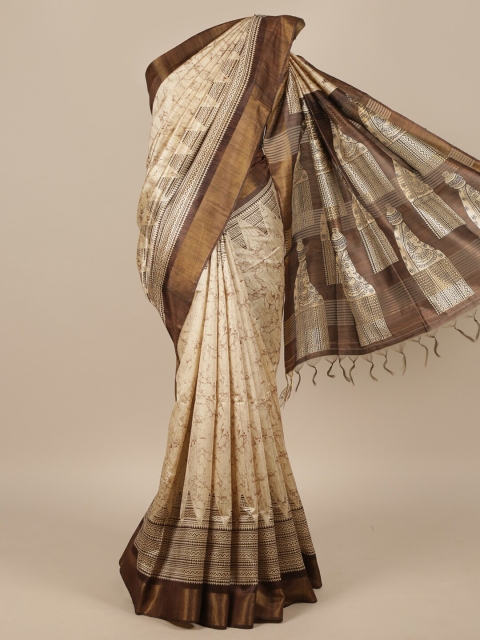 Pothys Cream & Brown Zari Jute Silk Saree