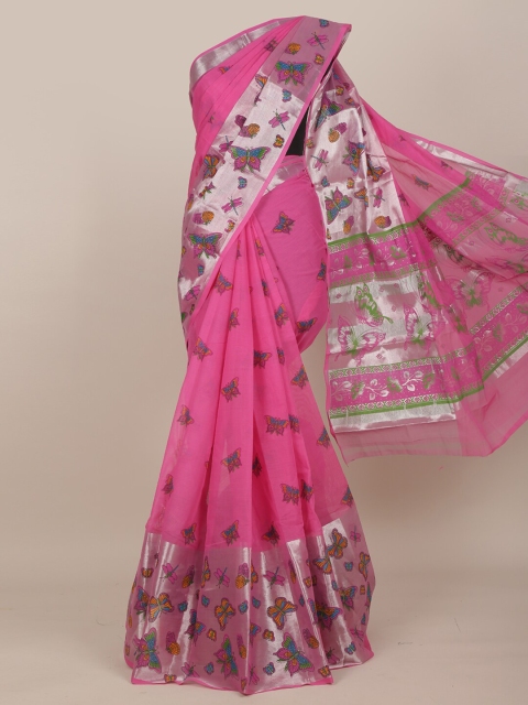 Pothys Pink & Silver-Toned Ethnic Motifs Pure Cotton Saree