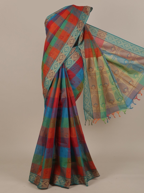 Pothys Orange & Blue Checked Pure Cotton Saree