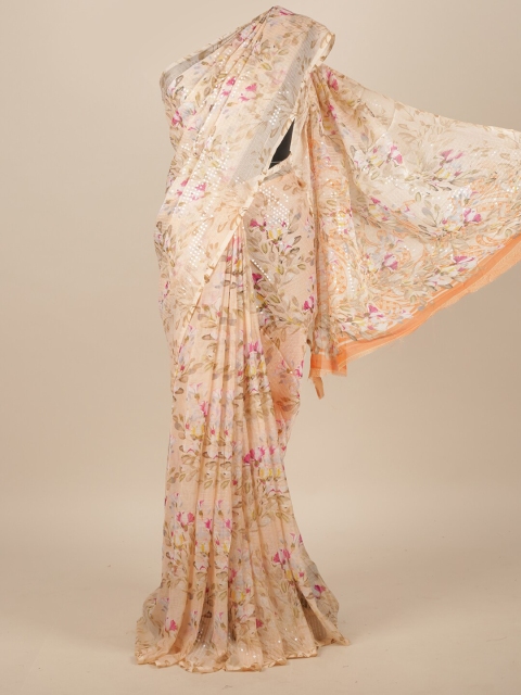 Pothys Peach Floral Poly Chiffon Saree